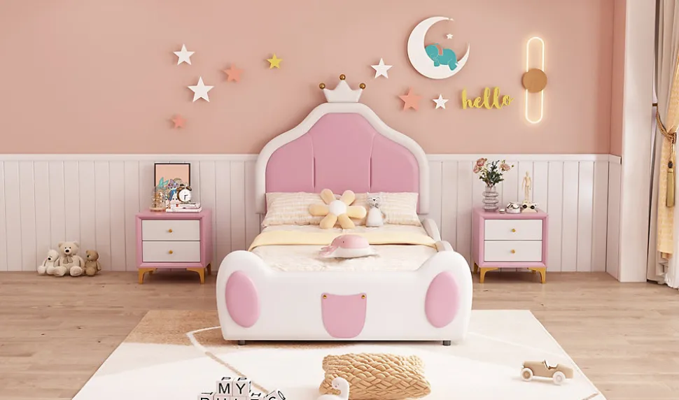 Lit 90x200 cm avec tête de lit en forme de couronne, revêtement simili cuir blanc et rose, cadre métal et panneaux bois