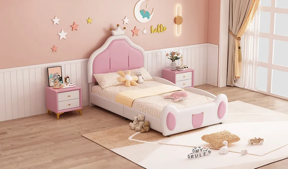 Lit 90x200 cm avec tête de lit en forme de couronne, revêtement simili cuir blanc et rose, cadre métal et panneaux bois