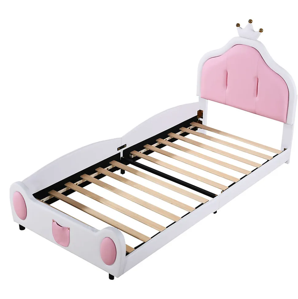 Lit 90x200 cm avec tête de lit en forme de couronne, revêtement simili cuir blanc et rose, cadre métal et panneaux bois