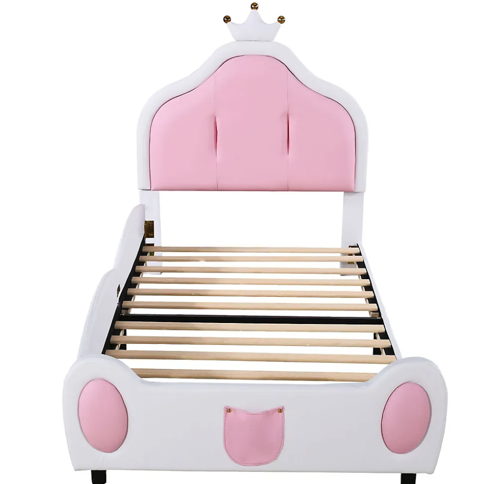 Lit 90x200 cm avec tête de lit en forme de couronne, revêtement simili cuir blanc et rose, cadre métal et panneaux bois