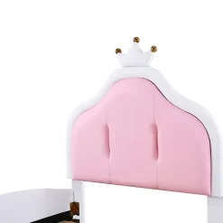 Lit 90x200 cm avec tête de lit en forme de couronne, revêtement simili cuir blanc et rose, cadre métal et panneaux bois