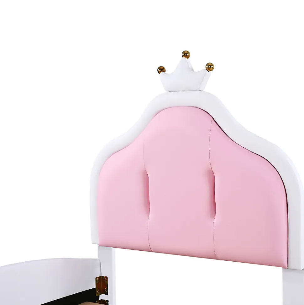 Lit 90x200 cm avec tête de lit en forme de couronne, revêtement simili cuir blanc et rose, cadre métal et panneaux bois