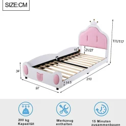 Lit 90x200 cm avec tête de lit en forme de couronne, revêtement simili cuir blanc et rose, cadre métal et panneaux bois