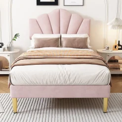 Lit 90x200 cm avec tête de lit coquillage réglable et pieds métal doré, velours rose, design élégant