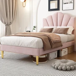 Lit 90x200 cm avec tête de lit coquillage réglable et pieds métal doré, velours rose, design élégant
