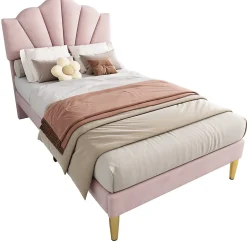 Lit 90x200 cm avec tête de lit coquillage réglable et pieds métal doré, velours rose, design élégant