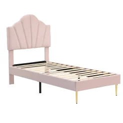 Lit 90x200 cm avec tête de lit coquillage réglable et pieds métal doré, velours rose, design élégant