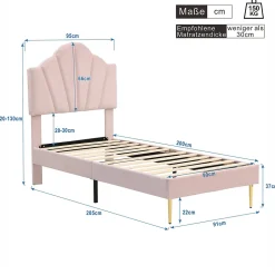 Lit 90x200 cm avec tête de lit coquillage réglable et pieds métal doré, velours rose, design élégant