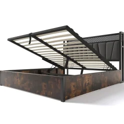 Lit 160x200 cm avec tête de lit LED RGBW, coffre de rangement, cadre métal et revêtement lin gris contemporain