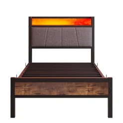 Lit 90x200 cm avec tête de lit haute et LED multicolore, station de charge USB intégrée et cadre métal