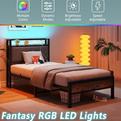 Lit 90x200 cm avec tête de lit haute et LED multicolore, station de charge USB intégrée et cadre métal