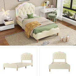 Lit 90x200 cm avec tête de lit ondulée et bande LED multicolore intégrée, tapissé PU beige, lattes en bois