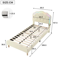 Lit 90x200 cm avec tête de lit ondulée et bande LED multicolore intégrée, tapissé PU beige, lattes en bois