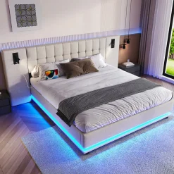Lit 180x200 cm avec tête de lit à spots, LED multicolore intégrée et port USB, habillage lin beige