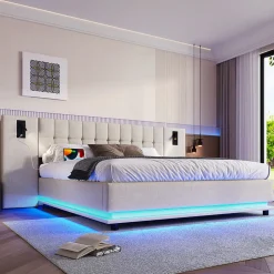 Lit 180x200 cm avec tête de lit à spots, LED multicolore intégrée et port USB, habillage lin beige