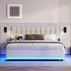 Lit 180x200 cm avec tête de lit à spots, LED multicolore intégrée et port USB, habillage lin beige