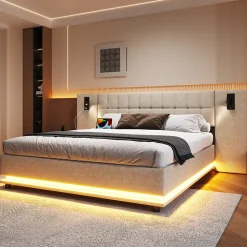 Lit 180x200 cm avec tête de lit à spots, LED multicolore intégrée et port USB, habillage lin beige