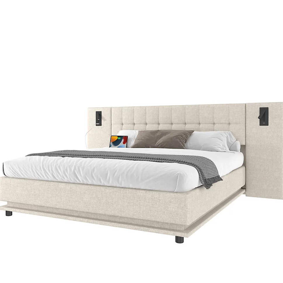 Lit 180x200 cm avec tête de lit à spots, LED multicolore intégrée et port USB, habillage lin beige