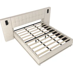 Lit 180x200 cm avec tête de lit à spots, LED multicolore intégrée et port USB, habillage lin beige