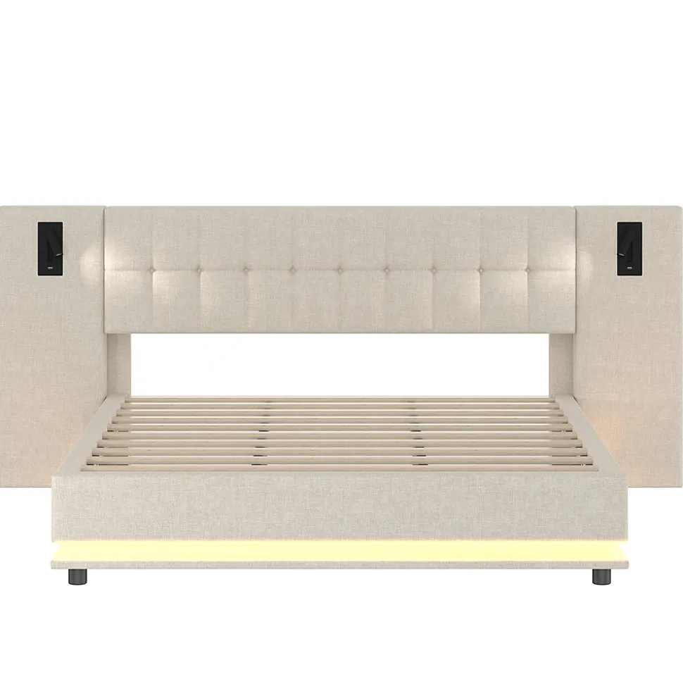 Lit 180x200 cm avec tête de lit à spots, LED multicolore intégrée et port USB, habillage lin beige