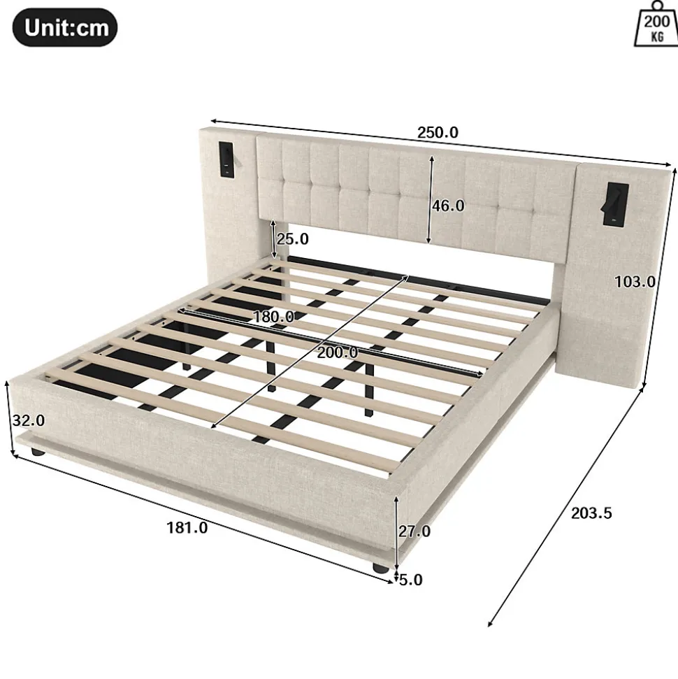 Lit 180x200 cm avec tête de lit à spots, LED multicolore intégrée et port USB, habillage lin beige