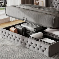 Lit 180x200 cm avec tête de lit capitonnée en velours gris et rangement hydraulique, cadre bois et métal