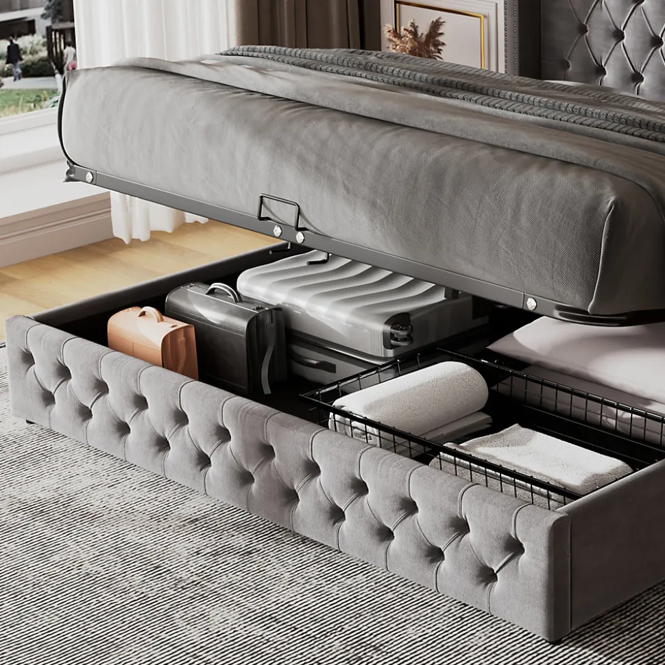 Lit 180x200 cm avec tête de lit capitonnée en velours gris et rangement hydraulique, cadre bois et métal