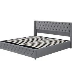 Lit 180x200 cm avec tête de lit capitonnée en velours gris et rangement hydraulique, cadre bois et métal