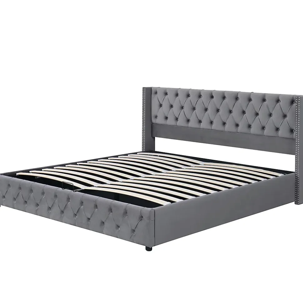 Lit 180x200 cm avec tête de lit capitonnée en velours gris et rangement hydraulique, cadre bois et métal