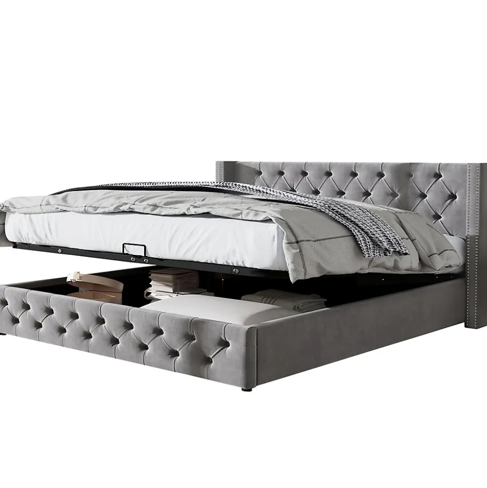 Lit 180x200 cm avec tête de lit capitonnée en velours gris et rangement hydraulique, cadre bois et métal