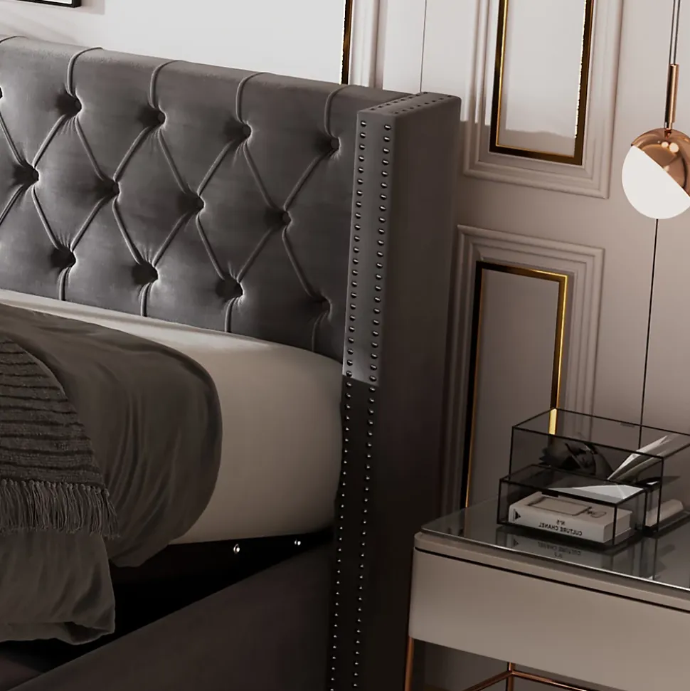 Lit 180x200 cm avec tête de lit capitonnée en velours gris et rangement hydraulique, cadre bois et métal