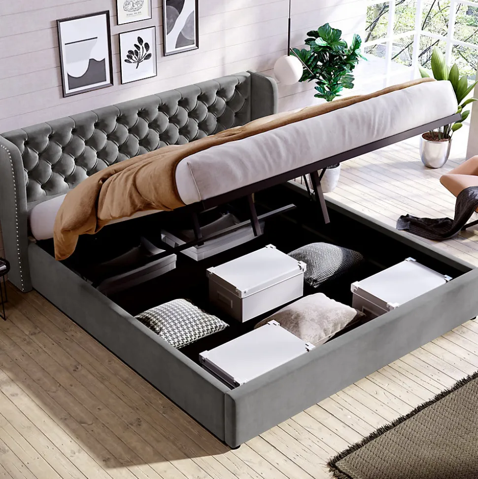 Lit 180x200 cm avec tête de lit capitonnée en velours, coffre hydraulique intégré et cadre bois/métal gris