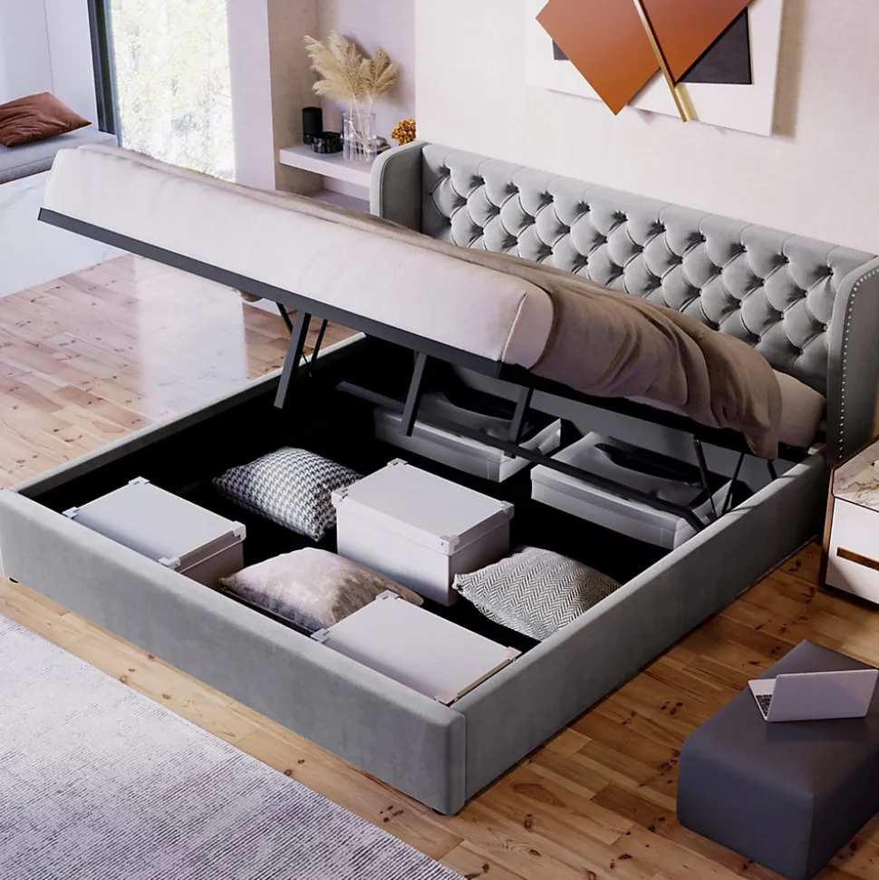 Lit 180x200 cm avec tête de lit capitonnée en velours, coffre hydraulique intégré et cadre bois/métal gris