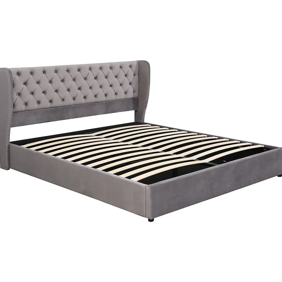 Lit 180x200 cm avec tête de lit capitonnée en velours, coffre hydraulique intégré et cadre bois/métal gris