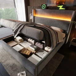 Lit 180x200 cm avec tête de lit haute tapissée lin, rangement hydraulique, LED intégrée et port USB/Type-C