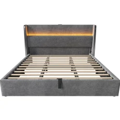 Lit 180x200 cm avec tête de lit haute tapissée lin, rangement hydraulique, LED intégrée et port USB/Type-C