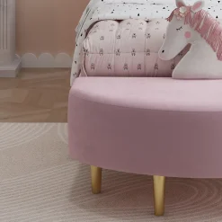 Lit 90x200 cm avec tête de lit en velours rose et banquette assortie, cadre métal robuste et stable