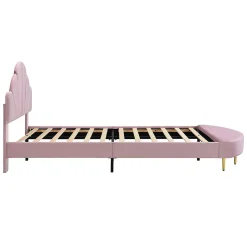 Lit 90x200 cm avec tête de lit en velours rose et banquette assortie, cadre métal robuste et stable