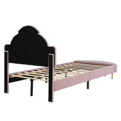 Lit 90x200 cm avec tête de lit en velours rose et banquette assortie, cadre métal robuste et stable