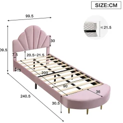 Lit 90x200 cm avec tête de lit en velours rose et banquette assortie, cadre métal robuste et stable
