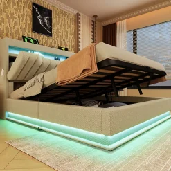 Lit 140x200 cm avec tête de lit LED et ports USB/Type-C, rangement hydraulique, revêtement lin beige