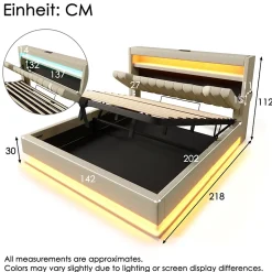 Lit 140x200 cm avec tête de lit LED et ports USB/Type-C, rangement hydraulique, revêtement lin beige