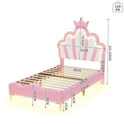 Lit 90x200 cm avec tête de lit en forme de couronne, éclairage LED réglable et revêtement PU rose