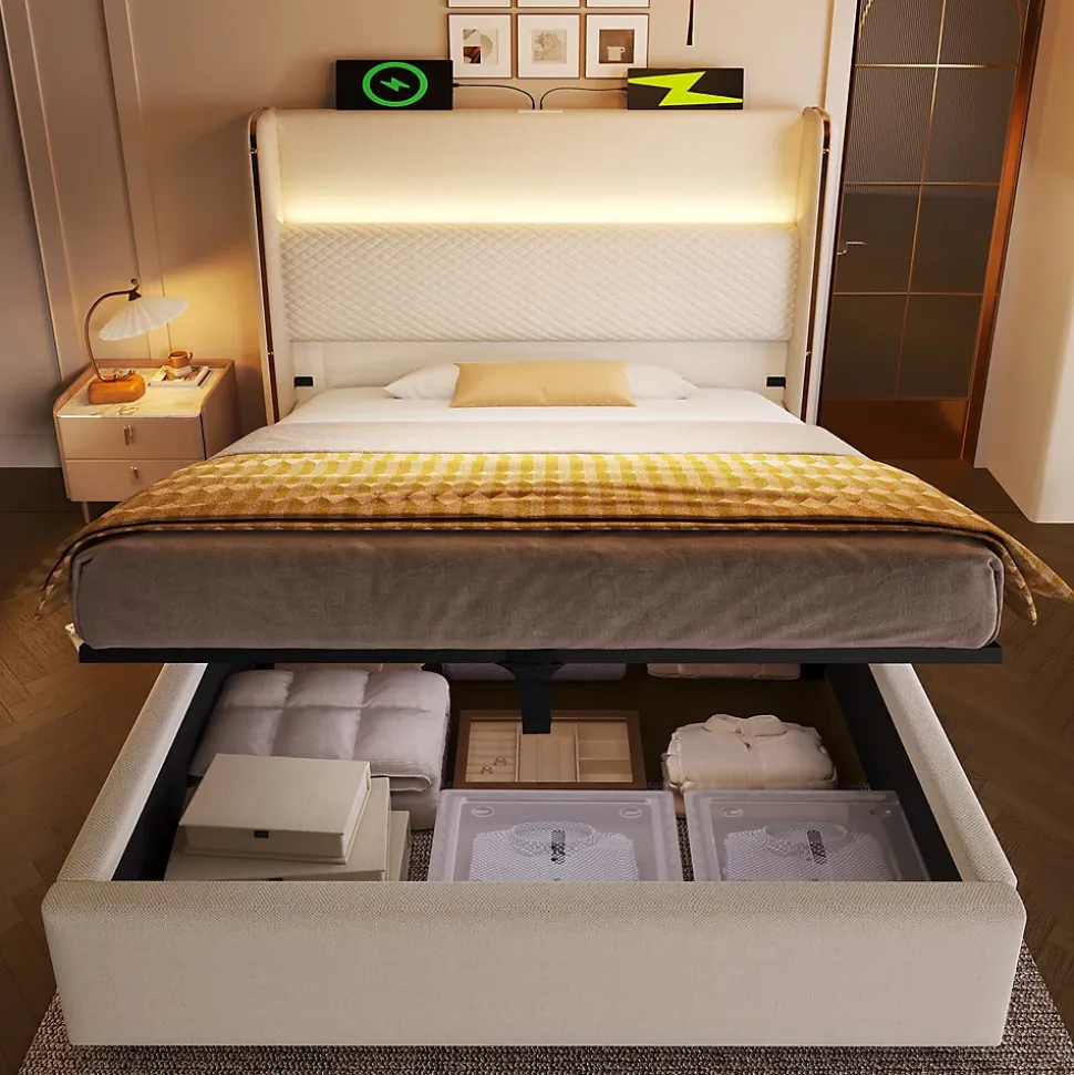 Lit 90x200 cm avec tête de lit haute tapissée lin beige, rangement hydraulique et éclairage LED