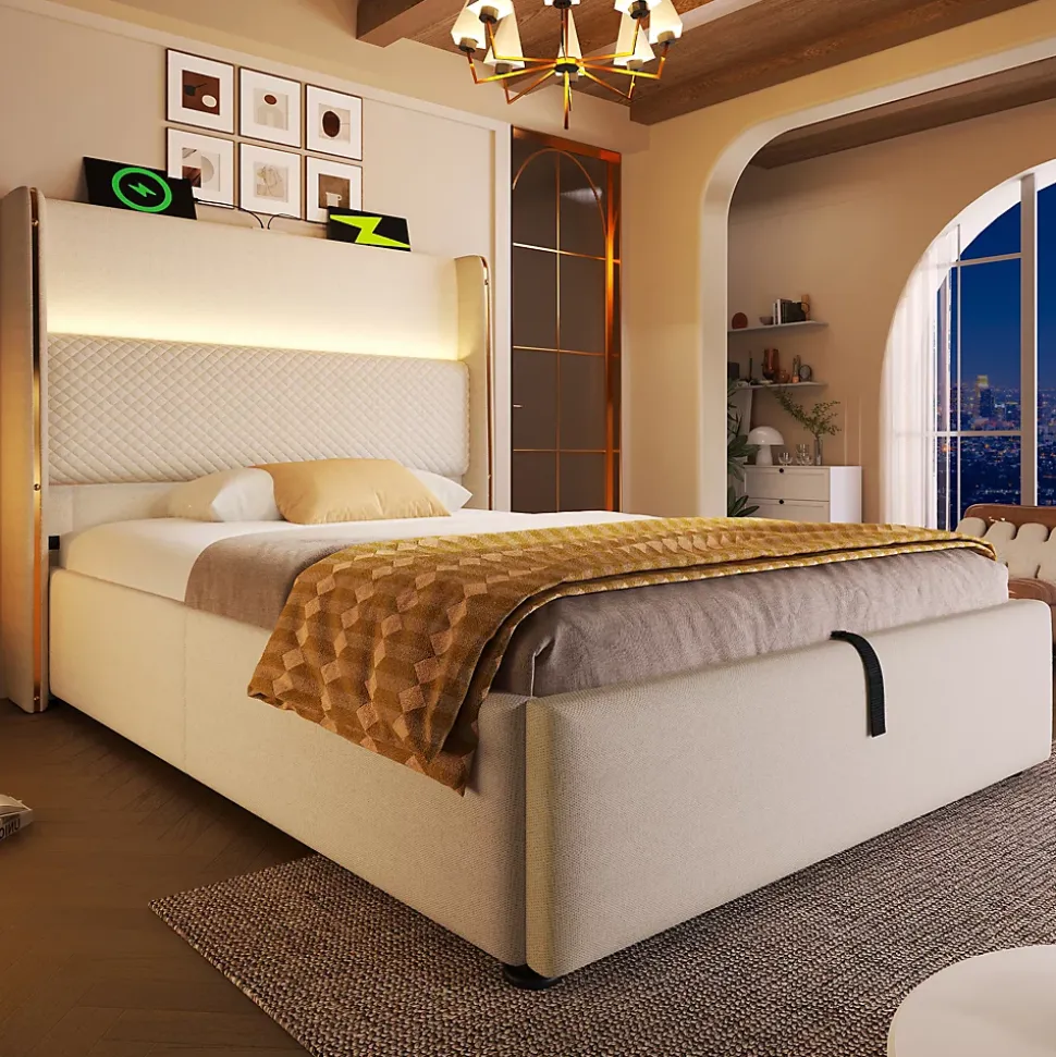 Lit 90x200 cm avec tête de lit haute tapissée lin beige, rangement hydraulique et éclairage LED