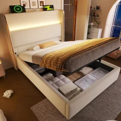 Lit 90x200 cm avec tête de lit haute tapissée lin beige, rangement hydraulique et éclairage LED