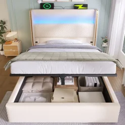 Lit 90x200 cm avec tête de lit haute tapissée lin beige, rangement hydraulique et éclairage LED