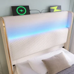 Lit 90x200 cm avec tête de lit haute tapissée lin beige, rangement hydraulique et éclairage LED