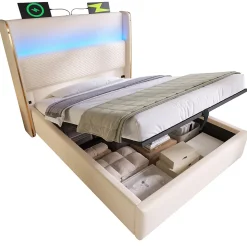 Lit 90x200 cm avec tête de lit haute tapissée lin beige, rangement hydraulique et éclairage LED