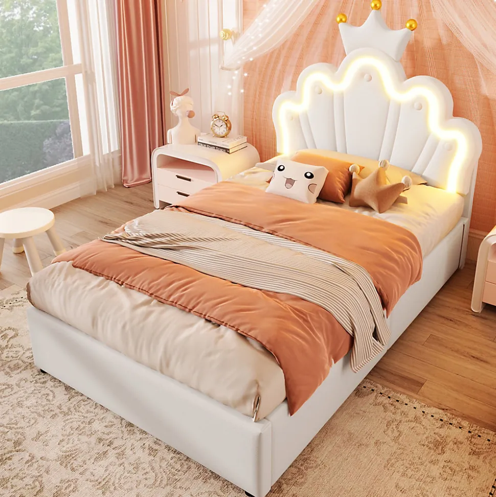 Lit 90x200 cm avec tête de lit réglable et rangement hydraulique, revêtement PU blanc, design couronne